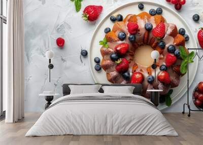 Berry topped bundt cake on white surface overhead view Wall mural