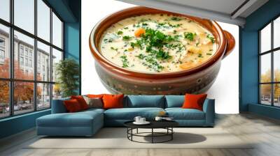 Bowl of veggie soup on white background Wall mural