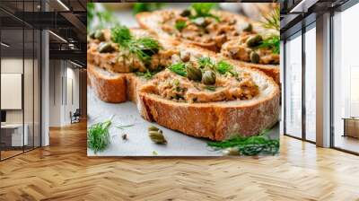 Bread with pate capers dill on table closeup Wall mural