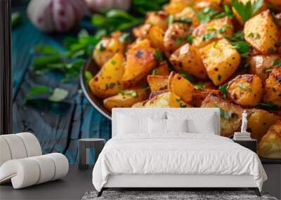 Browned hashed potatoes on blue table close up view Wall mural