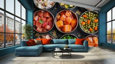 Canned pet food is not as natural as fresh meat fish vegetables and grains but is still a complete and balanced meal for cats or dogs Wall mural