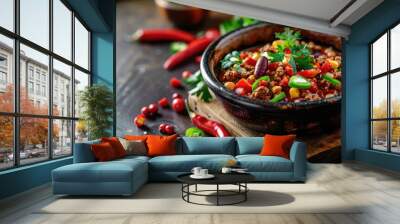 Chili con carne in bowl focusing on Mexican style Wall mural