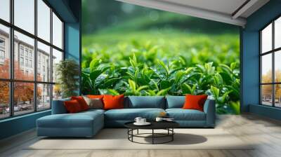 Close up view of tea plantation after rain Wall mural