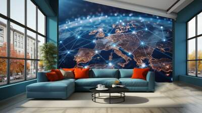 European telecommunication and data transfer with global internet network linking IoT finance business blockchain and security Wall mural