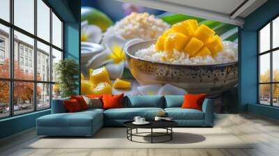 Fresh mango and sticky rice with coconut milk traditional Thai dessert with seasonal fruit Wall mural