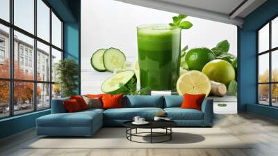 Green health drink with vegetable juice apple lime on a white wooden background Vegetarian detox food Wall mural