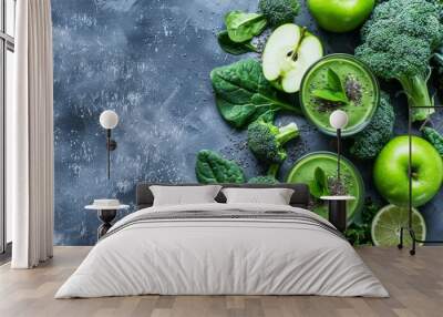 Healthy lifestyle concept with green smoothie made of organic ingredients and chia seeds Overhead view with copy space Wall mural