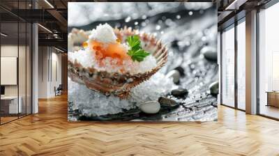 Innovative dining Crab mixture with snow flake made from macadamia horseradish and dashi junsai served in crab shell and adorned with sea stone and Wall mural