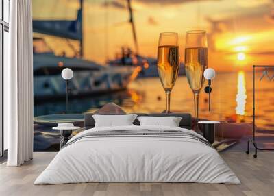 intimate beach dinner at sunset with champagne ocean view and yachts in background ideal for honeymo Wall mural