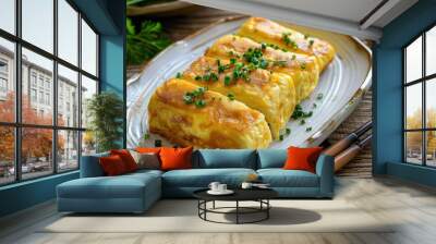 Japanese rolled omelette on white plate wooden table focused Wall mural