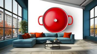 Large classic red cooking pot with cover and handles isolated on a white background seen from above Wall mural