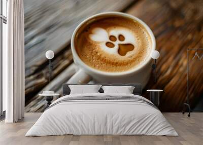 Latte art cat paw coffee in white mug on wooden table at pet cafe Wall mural