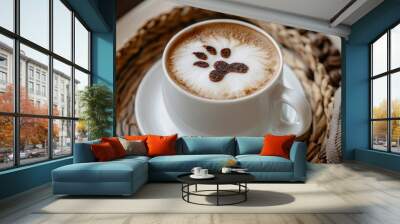 Latte art of dog paw in white mug at pet cafe Wall mural