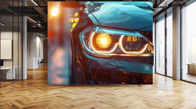 Luxury car with headlights on close up Wall mural