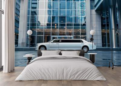 Luxury white limousine for celebrations in a modern city setting Wall mural