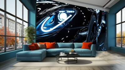 One LED headlight super car on black background with space on right for text Wall mural