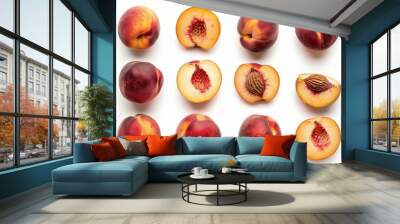 Peach fruits whole and cut isolated on white Wall mural