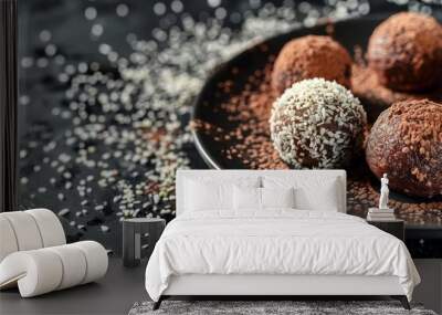 Raw vegan sweet balls on black background with nuts dried fruits coconut cocoa and sesame seeds Gluten and sugar free raw desserts Wall mural