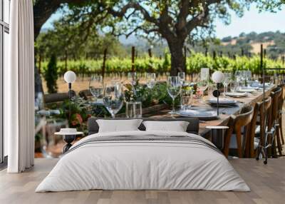 Setting up outdoor banquet tables at a winery Wall mural