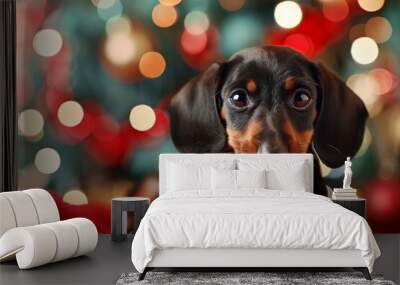 Tiny dachshund puppy surrounded by Christmas décor Wall mural