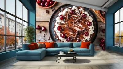 Top view of homemade black forest cake with dark chocolate and cherries Wall mural