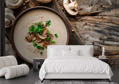 Top view of mushroom cream soup in a bowl with space for text Wall mural