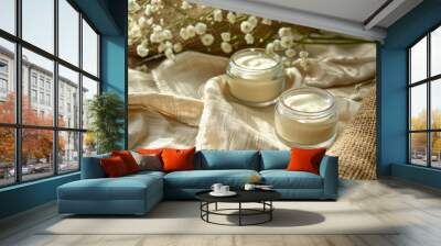 Two natural cosmetic jars on linen Wall mural