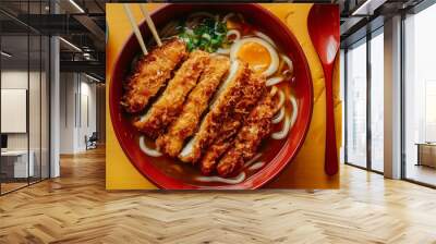 Udon noodle topped with Japanese curry chicken katsu chopsticks and a spoon all in a red bowl Wall mural