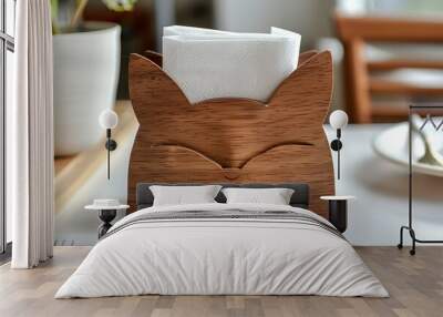 White paper napkins in a cat shaped wooden napkin holder on a white table Wall mural