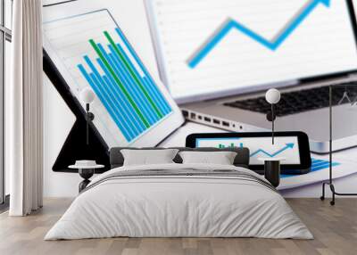 Market analyze chart on laptop tablet and phone Wall mural