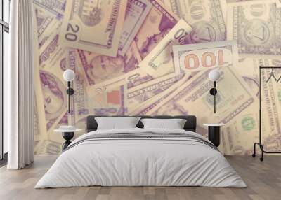 Background from scattered dollar banknotes. Toned. Wall mural