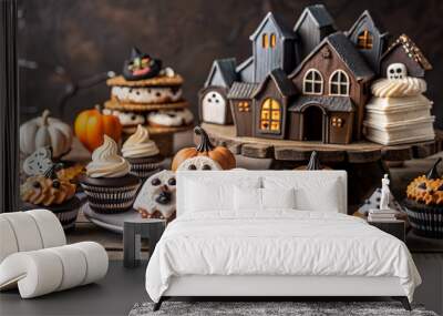 Table with spooky Halloween treats, ghost cookies, pumpkin and haunted house. Halloween treats set. Wall mural