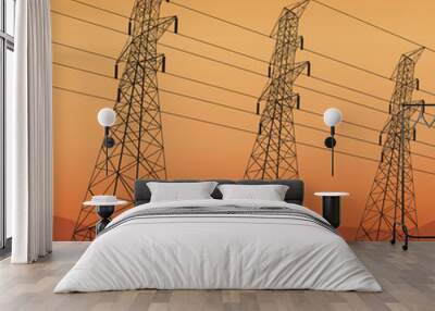 Electric power lines and sunrise, vector illustration Wall mural