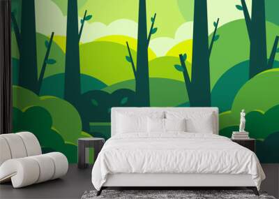 Forest trees background. Glade in the thicket. Beautiful green summer landscape. Flat design Wall mural