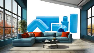 Group of PVC blue pipe fittings isolated connection white background. Wall mural