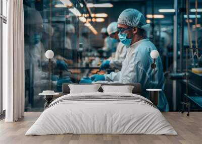 Bustling food processing facility with workers in protective gear Wall mural