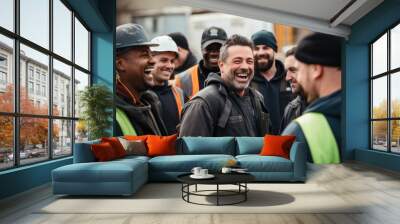 Group of happy construction workers laughing together on site Wall mural