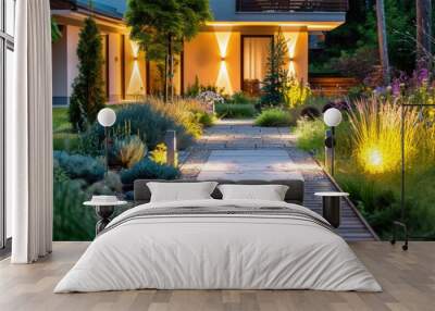 Modern house exterior at night with illuminated garden pathway and landscaping Wall mural