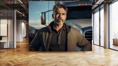 Portrait of a Hispanic truck driver infront of a truck in USA Wall mural