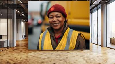 Portrait of a middle aged delivery woman Wall mural