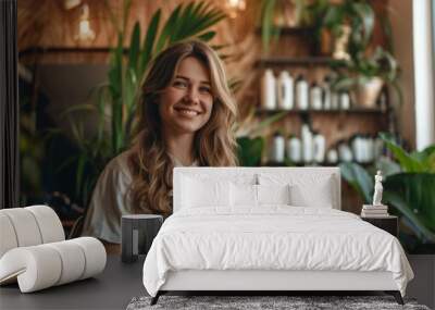 Portrait of a smiling hairdresser in a modern saloon Wall mural