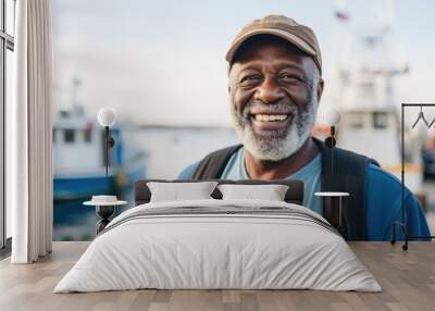 Smiling portrait of senior fisherman at harbor Wall mural