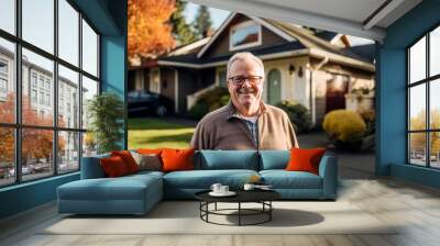 Smiling senior man standing in front of his suburban home on a sunny day Wall mural