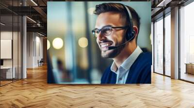 Smiling young businessman with headset working in office Wall mural