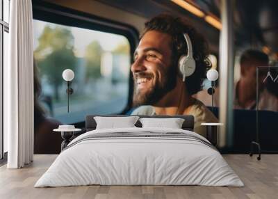 Smiling young man with headphones sitting in bus Wall mural