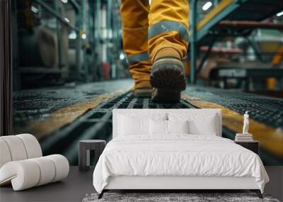 Worker with safety boots in an industrial environment Wall mural