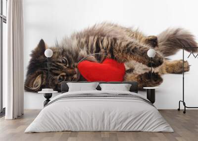 Cat and red heart. Wall mural