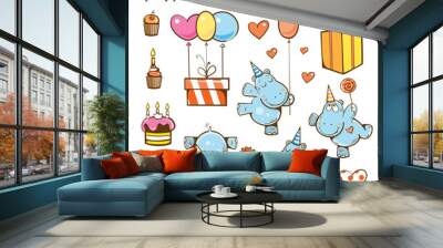 Birthday cartoon set. Cute hippopotamuses, gifts, cake, candle, balloon and candy. Vector illustration. Wall mural