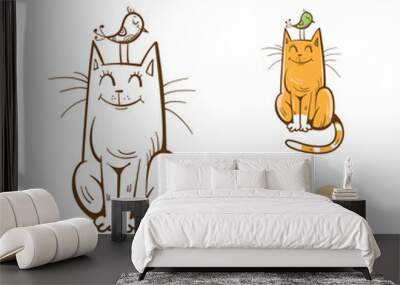 Coloring book with cute cartoon cat and bird. Vector image. Wall mural