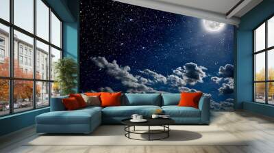 backgrounds night sky with stars and moon and clouds.  Wall mural